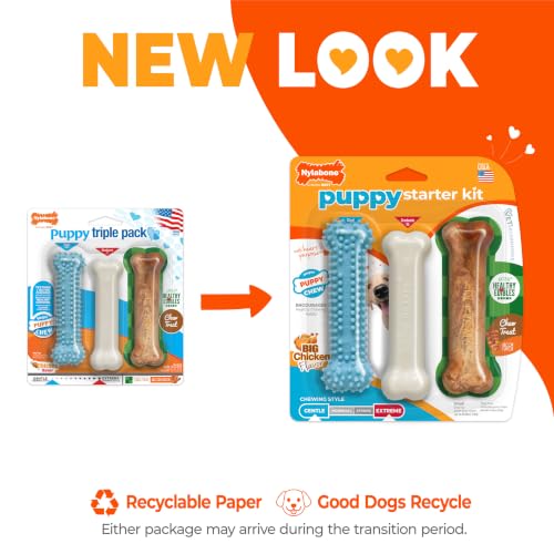 Image of Nylabone New Puppy Starter Kit, Puppy Teething Toys, 3 Pack, Blue | Teething toys for puppies, natural chew treat & toy set for small dogs up to 25 lbs, long lasting chicken & bacon flavor