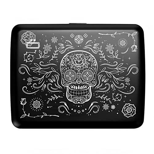 Image of OGON -DESIGNS- Aluminum wallet, Large capacity with metal lock, RFID Protection against fraud and demagnetization, model Smart Case OSLO Large (Engraving Muertos)
