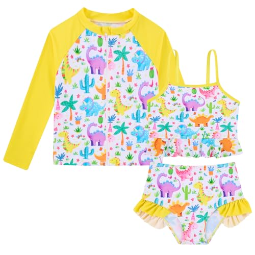 Image of Funnycokid Girls Swimsuit Kids Bathing Suit Rashguard Swimwear Long Sleeve 3 Piece Toddler 3-7 Years