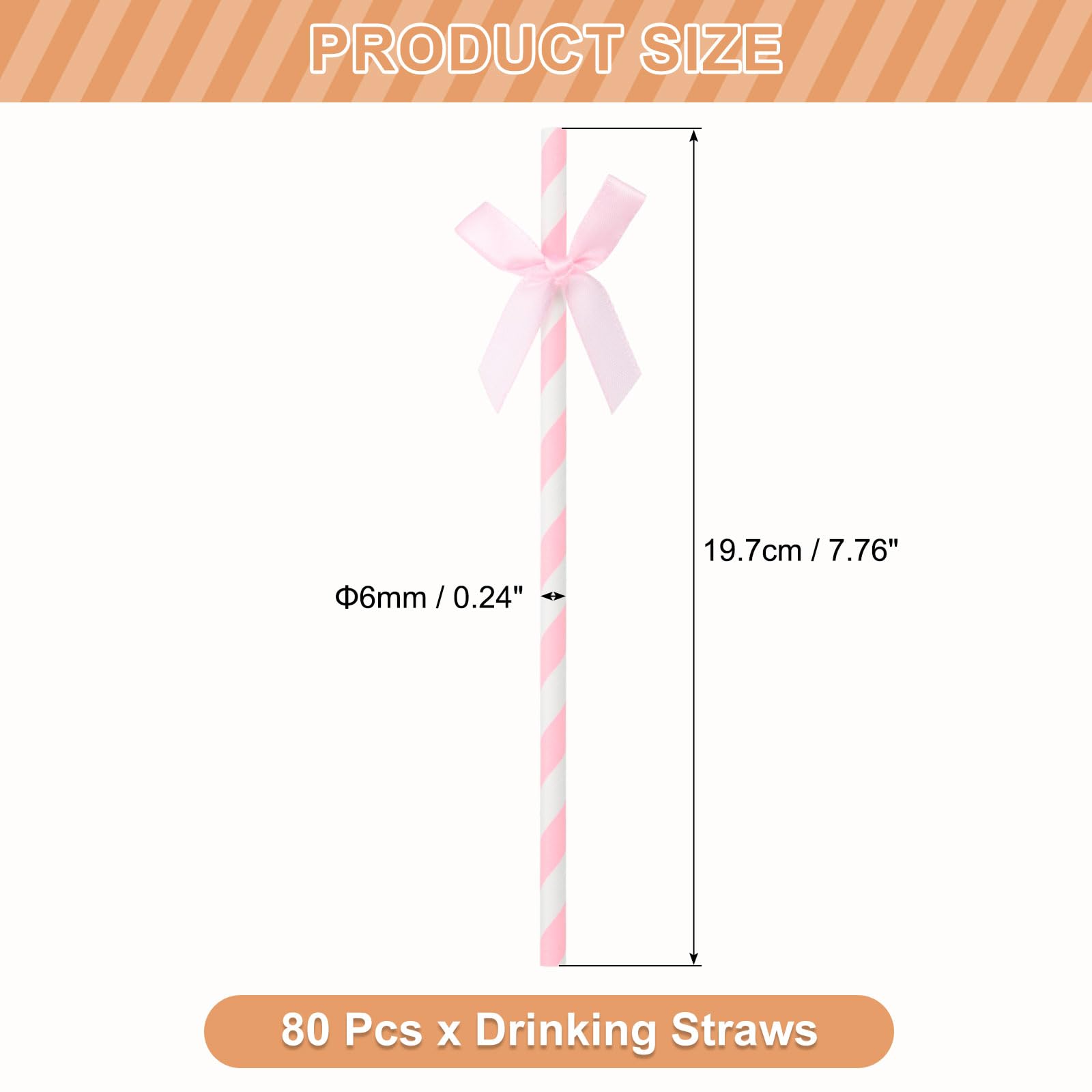 uxcell 80 pajitas de papel a rayas con lazo de cinta, pajitas desechables para decoración de tartas para bodas, suministros de fiesta de cumpleaños, color rosa