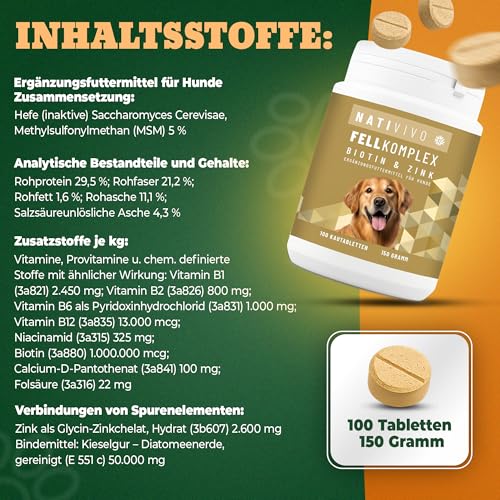 NATIVIVO Fellpflege Hund - Juckreiz Hund Fellpflege - Fellkomplex Biotin & Zink - Unterstützend bei Juckreiz - Biotin für Hunde Glänzendes Fell - 100 Tabletten Nahrungsergänzungsmittel für Hunde