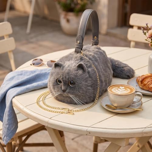 Image of Realistic Puffy Plush Cat Shaped Crossbody Handbag for Women