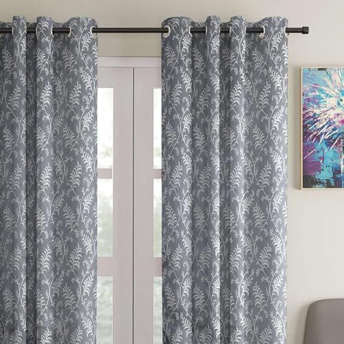 Image of STITCHNEST Fern Leaf Jacquard Door Curtain - Grey, 7 Feet, Grommet Top - Pack of 1 Stylish Curtain for Bedroom & Living Room
