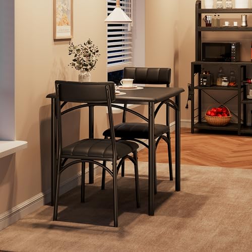 Image of GAOMON 3-Piece Dining Table Set for 2, Space-Saving Kitchen Square Table and 2 Upholstered Chairs, Farmhouse Square Kitchen Table Set, Compact Dining Room Furniture for Apartment, Studio, Black