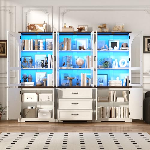 Image of 75 inch Tall Farmhouse Pantry Cabinet with LED Lights,6 Doors Wood Storage Cabinet w Arched Glass Doors /Drawers,Pantry Organizers and Storage,Rustic Wood Cupboard for Kitchen,Dining Room(White)