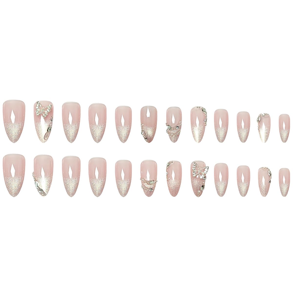 Künstliche Nägel zum Aufdrücken, silberfarbene Strasssteine, mittlere Mandel, Schmetterlings-Edelsteine, Glitzer, volle Abdeckung, Acryl, französische Spitze, zum Aufkleben, Farbverlauf, Rosa