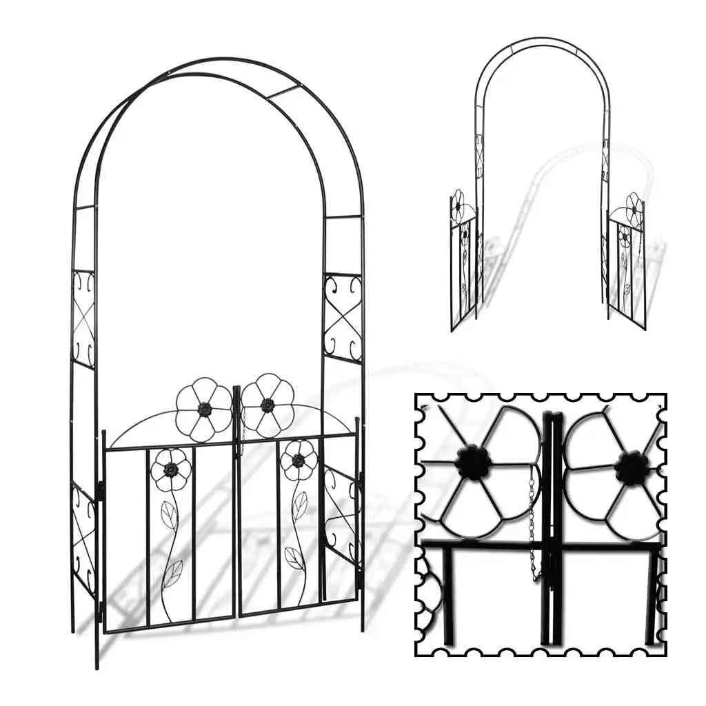 Arco de jardín con puerta de metal para rosas y plantas trepadoras, como enrejado de rosas