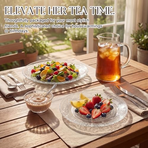 Havawish 18 Pcs Glass Dinnerware Set 8/10 Inch Large Glass Dinner Plate and 8 oz Soup Bowls Clear Vintage Embossed Dinnerware for Dessert, Salad, Fruits Kitchen Dining, Parties(Pattern) - Thumbnail 3