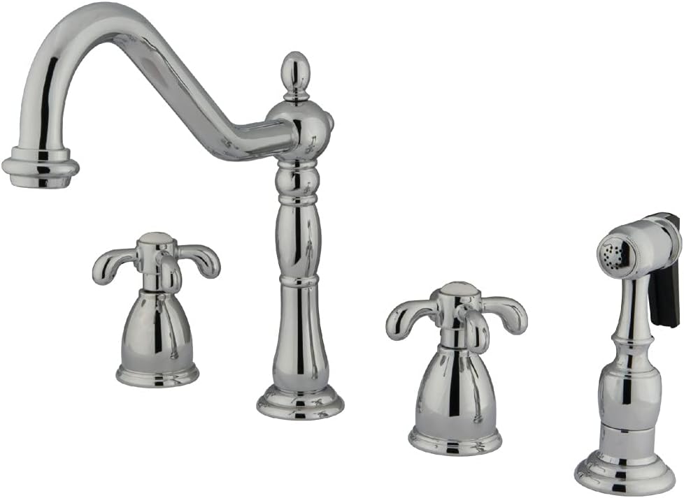 Gеt Dіѕсоunt 70% Prісе Kingston Brass KB1791TXBS French Country Widespread Kitchen Faucet with Brass Sprayer, Polished Chrome,8-1/4 inch Spout Reach