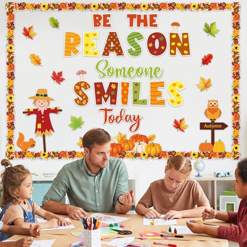 Image of Fall Bulletin Board Decoration Set Autumn Classroom Decoration Be The Reason Someone Smile Today Bulletin Board Maple Leaves Pumpkin Cutouts for Thanksgiving Home School Chalkboard Door Wall Decor