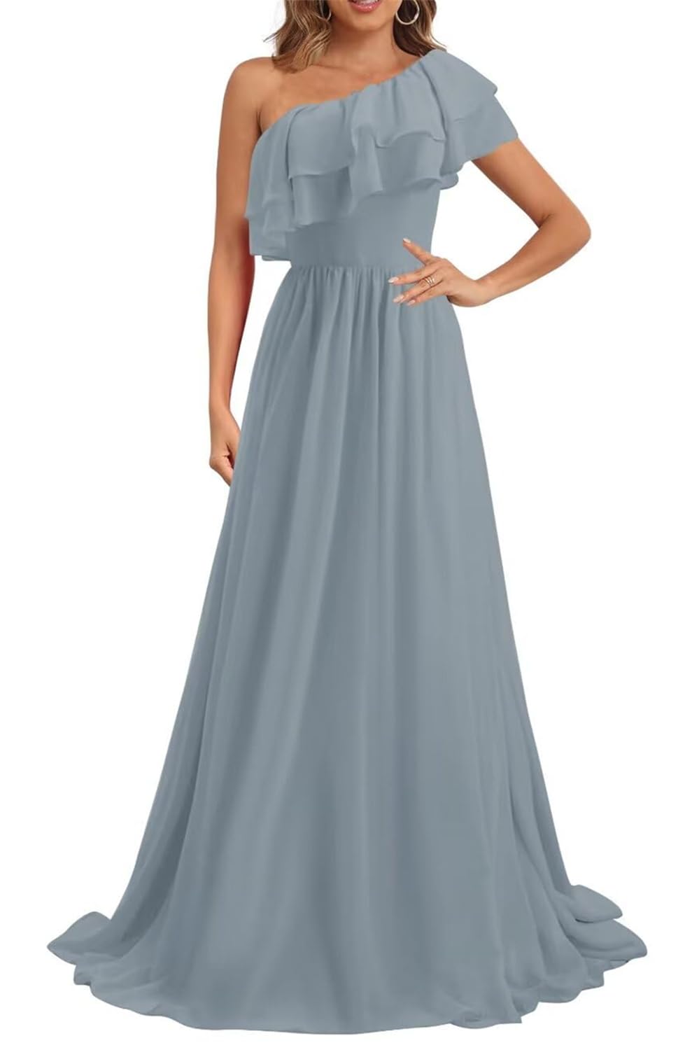 KURFACE One Shoulder Bridesmaid Dresses with Sleeves for Wedding Party A Line Chiffon Maid of Honor Dusty Blue UK18