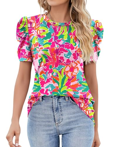 IECCP Bluse Damen Sommer Tshirt Damen Rundhals Ausschnitt Kurzarm Oberteile Elegant Damenblusen Casual Blusenshirt Tunika(Weißer bunter Druck,M)