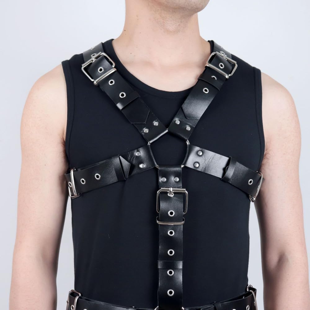 Men's Punk Body Chest Harness Male PU Leather Harness with Cock Ring, Gothic Clothing Bandage Costumes Sexy Slave Clubwear, Sex Toy for Couples, Extreme Sex (Black)