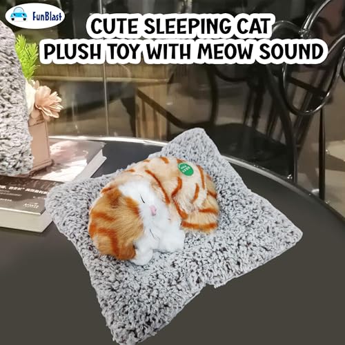 Image of FunBlast Cute Sleeping Cat Plush Toy with Meow Sound, Gift for Kids, Toy Accessories for Car Dashboard (Orange+Brown)
