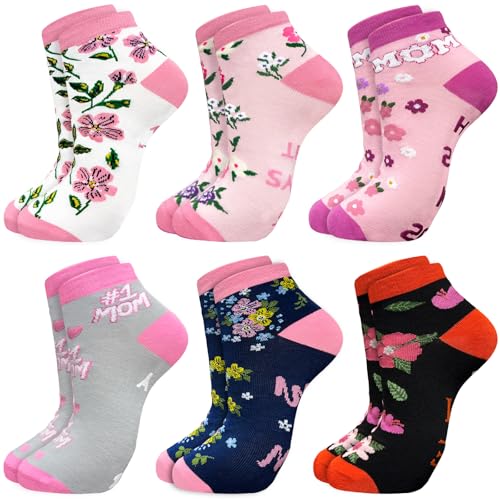 WILLBASIC 6 Pairs Ankle Socks for Women Men Novelty Gifts For Women Halloween Christmas Festival Birthday Gift (Black&Pink Mothers Day)