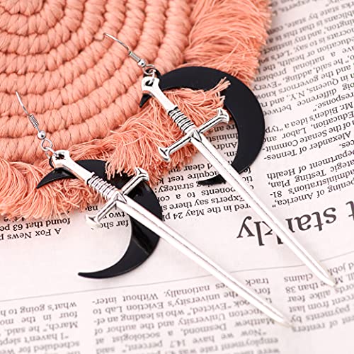 Sacina Gothic Crescent Moon Sword Earrings, Goth Sword Earrings Dangle, Christmas Gift for Women3