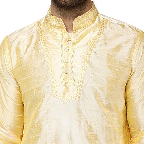 Image of SKAVIJ Men's Dupion Silk Embroidered Kurta Pajama Mandarin Collar Ethnic Motifs Festive Party Dress