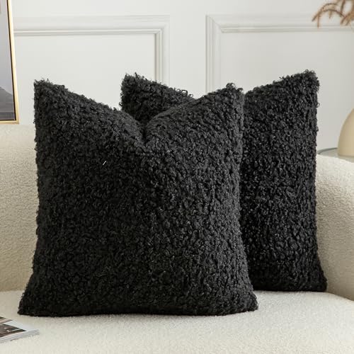 Image of Pack of 2 Curly Teddy Wool Faux Fur Throw Pillow Covers Fuzzy Accent Soft Sherpa Pillowcases Sheepskin Fleece Decorative Cushion Case for Sofa Couch Living Room 18x18 Inch Black