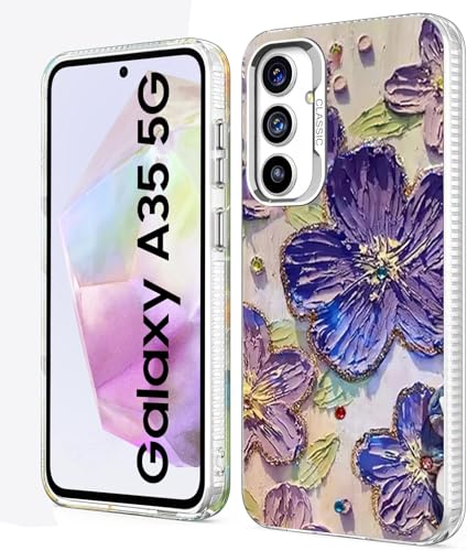 Elzzi Compatible with Samsung A35 5G Case Laser Flower Oil Painting Cute Colorful Blue Ray Bumper with Full Camera Protection Shockproof PC+TPU Glossy Shiny Cover for Girls Women, Purple- Best and cheap mobile covers in India