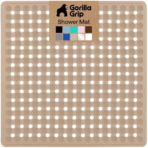 Image of GORILLA GRIP Patented Square Shower Stall Mat, Small Bathtub Floor Mats for Stand Up Showers, Suction Cups and Drainage Holes, Machine Wash, Soft on Feet, Bathroom Accessories 21x21 Inch, Beige Opaque