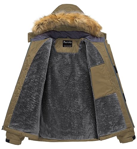 Image of Pursky Men's Waterproof Ski Jacket Winter Snow Coats Fur Hooded Raincoats Parka