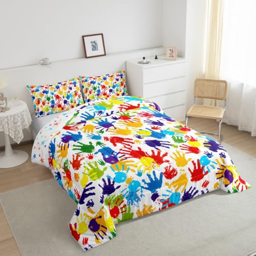 Image of Feelyou Cute Handprint Bedding Set Kids Boys Girls Watercolor Rainbow Comforter Set King Size Modern Duvet Insert Colorful Hand Shapes Abstract Decoration