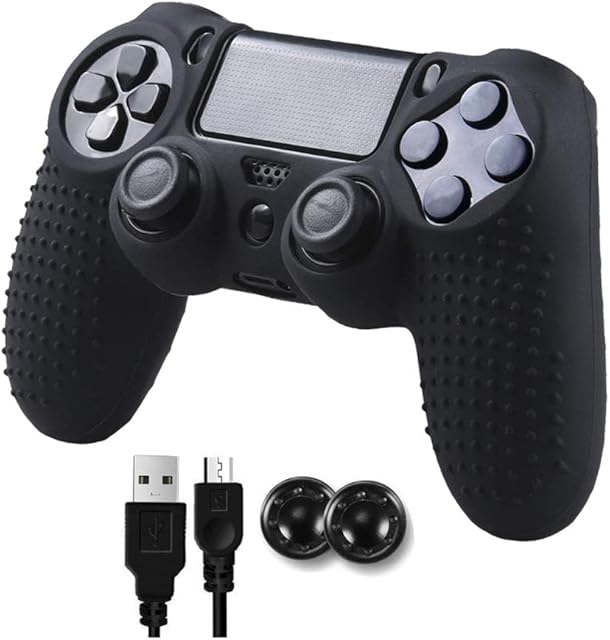 Game Controller, Wireless Controller, Game Controller Compatible for Play4 Console, Bluetooth Gamepad Control with Cable and Thumb Grips (Black)