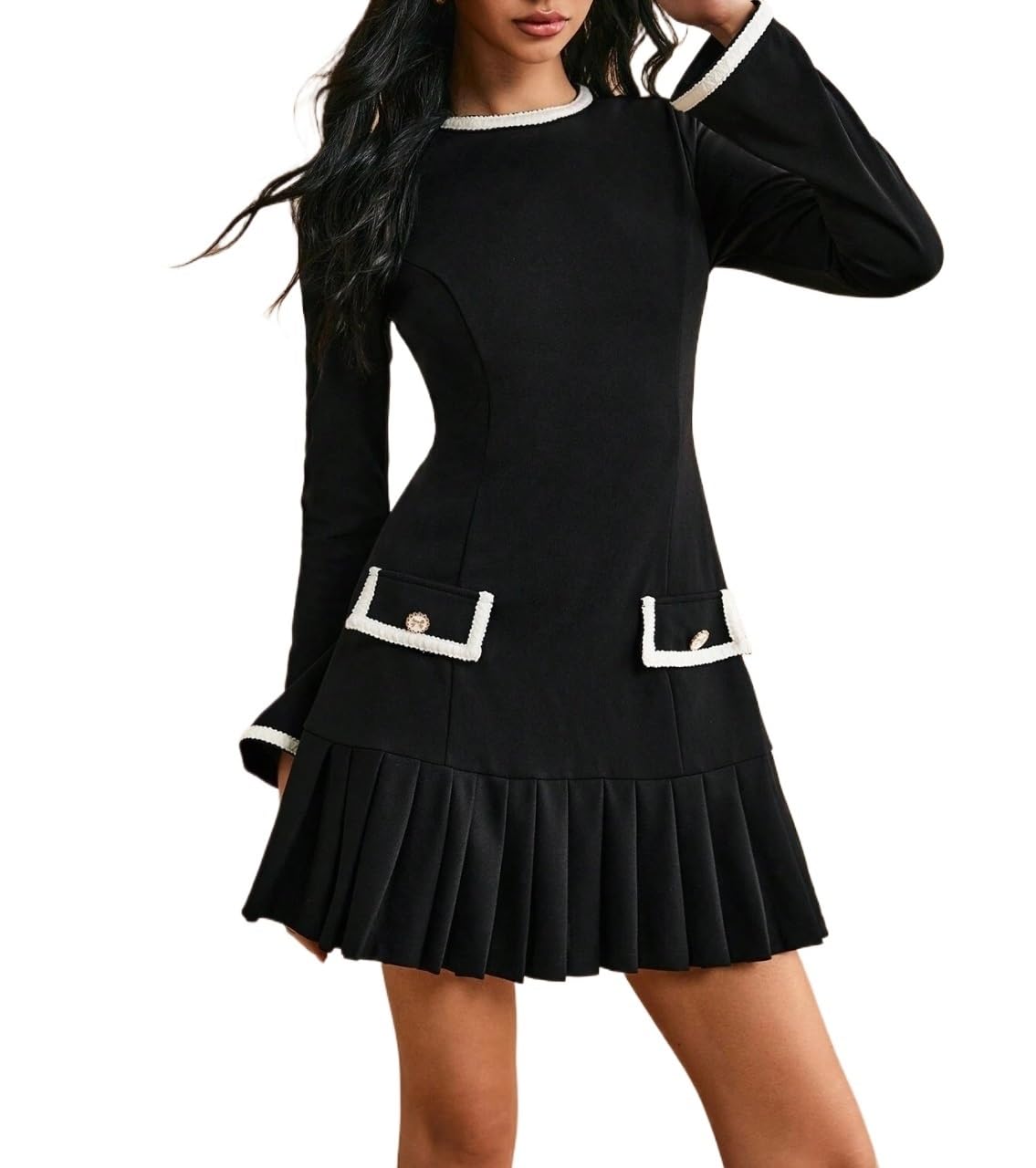 Womens Outfits 1pc Elegant Colorblock Ruffle Hem Mini Dress Sweater Dress