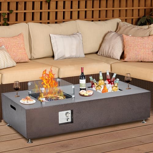 56 Inch Outdoor Propane Gas Fire Pit Table,50000BTU Rectangle Fire Table with 13" Square Drink Ice Bucket Wind Guard & Fire Glass Beads for Outside Patio Yard Garden, Bronze