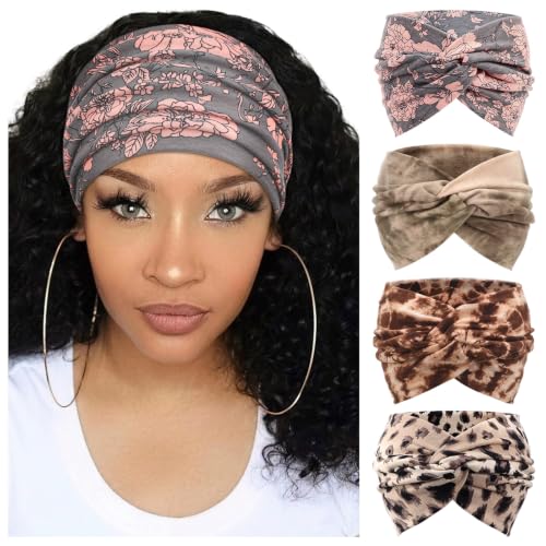 Image of DRESHOW 4 Pack Turban Headbands for Women Wide Vintage Head Wraps Knotted Cute Hair Band Accessories