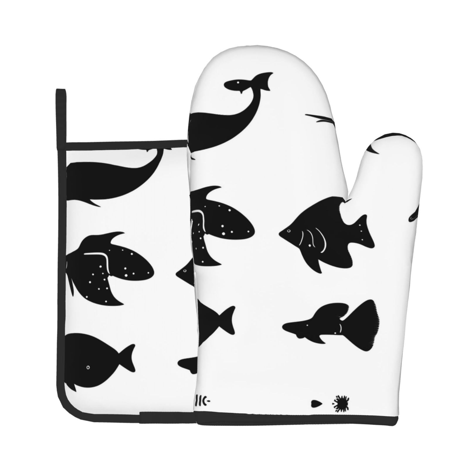 Oven Mitts and Potholders Set of 2 for Kitchen Baking Cooking GrayBlack and White Fish Thick and Durable