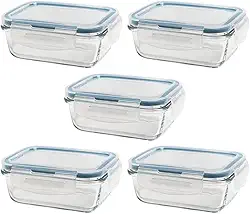 Kit 5 Potes de Vidro Herméticos 370ml Borossilicato com Travas – Marmitas Fitness, Meal Prep Semanal, Antivazamento, Forno e Freezer