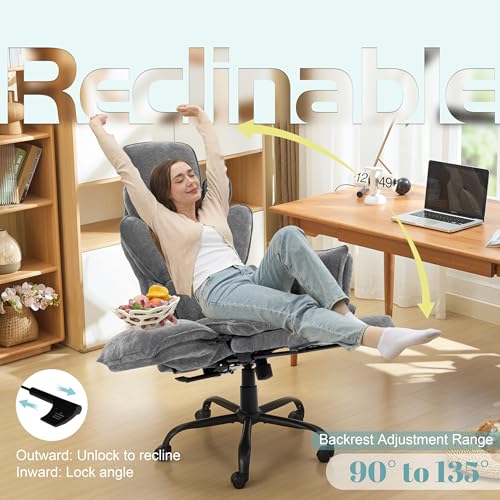 Image of Flip Armrests Criss Cross Office Chair, Reclining Office Chair with Foot Rest, Adjustable Headrest, Massage Waist Pillow, Cross Legged Big and Tall Desk Chair Wide Seat Vanity Chair, Grey Fabric