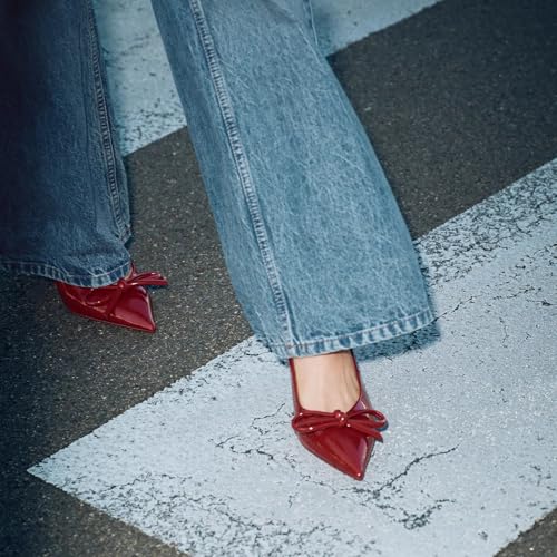 Kluolandi Red Kitten Heels for Women Closed Toe with Bow Slingback Pumps Low Heel Sandals Wedding Shoes2