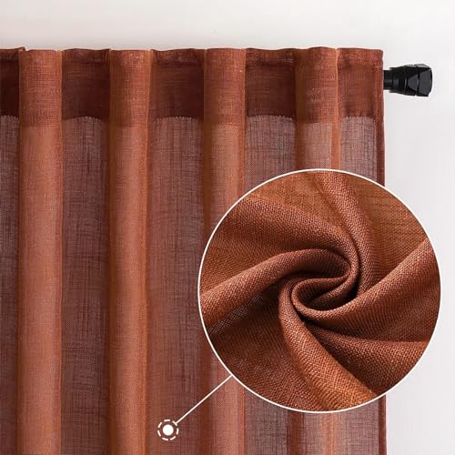 MIULEE Burnt Orange Linen Curtains 72 Inch Length 2 Panels for Bedroom Living Room, Soft Thick Linen Textured Window Drapes Semi Sheer Light Filtering Back Tab Rod Pocket Fall Decor, W37xL72