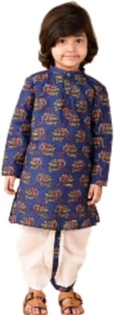 Kids Traditional Indian Kurta Set, Navy Blue Cotton with Elephant Print Pattern, White Dhoti Pajama