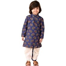 Kids Traditional Indian Kurta Set with White Dhoti Pajama, Elephant Print Pattern, Festive Ethnic wear