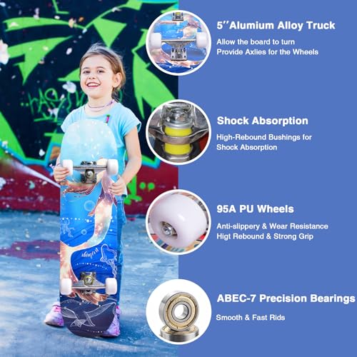 Image of Skateboards for Girls Beginners Kids Teens Adults Women,31''x8'',7-Layer Maple,Double Kick Concave,Fascinating Cool,Solid&Durable Gift