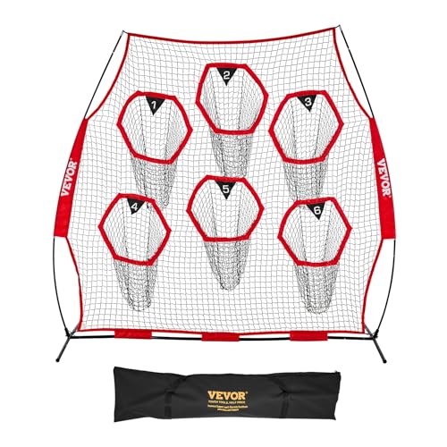 VEVOR 8 x 8 ft Football Trainer Throwing Net, Training Throwing Target Practice Net with 6 Target Pockets, Knotless Net Includes Straps and Portable Carry Case, Improve QB Throwing Accuracy (Red)