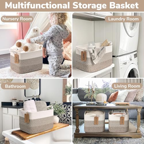 سلال تخزين منسوجة للأرفف وألعاب الأطفال وغرف الأطفال والديكور، 3 قطع، 33×25.4×22.8 سم (لون أبيض وبني)