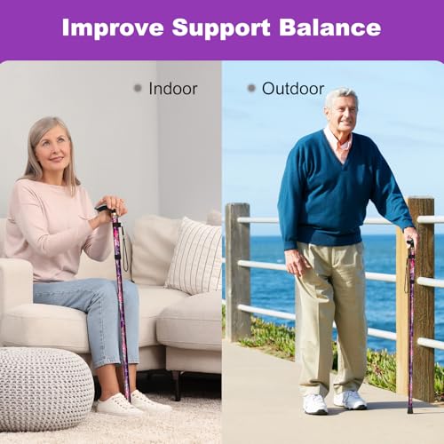 Image of MFE Folding Cane, Portable 5-Level Adjustable Height Walking Stick with Foldable Design, Wrist Strap, and T Handle for Men and Women, Purple Floral