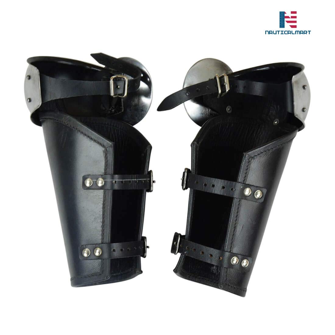 NauticalMart Medieval Leather Greaves with Steel Knee Armor - 18 Gauge Steel
