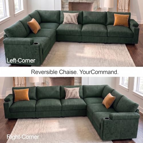 Image of Oversized Sectional Couches for Living Room Cloud Couch Chenille Sofa | Chaise Detachable Armrest Cushion FSC Certified U Shaped Convertible Modular Sleeper Sofa (Chenille Green, L Shape 8 Seat)