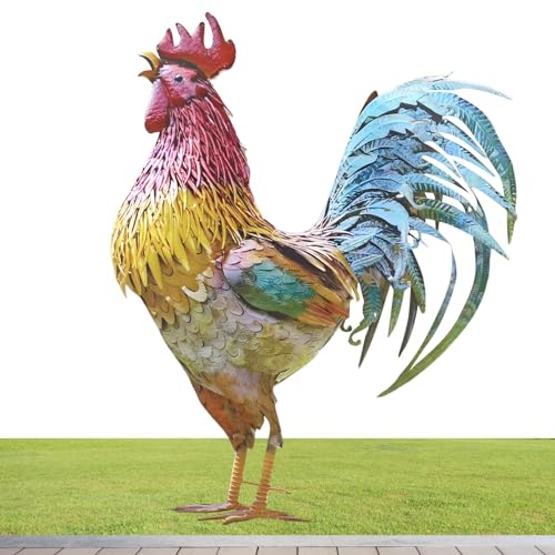 Arte de gallo de metal – Escultura de pollo al aire libre, estatua de decoración de animales de 30 cm | Estatua de pollo para patio, escultura de jardín, estatua grande de gallo de hierro para
