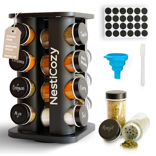 Especiero giratorio cocina negro moderno 360° con 16 botes cristal herméticos etiquetas reutilizables organizador especias compacto para encimera despensa ahorro de espacio cocina limpia elegante
