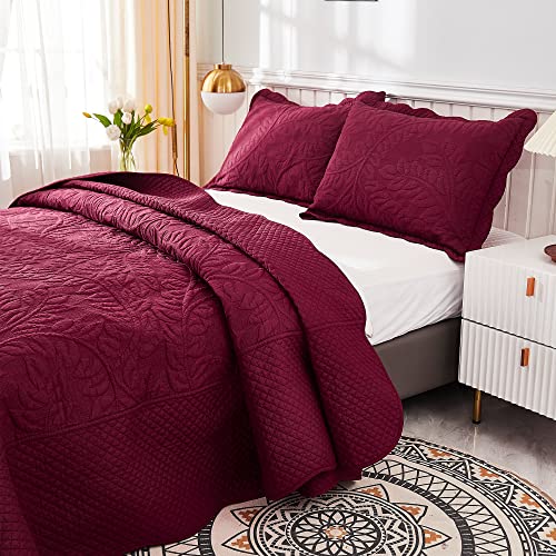 MarCielo 3-Piece 100% Cotton Oversized Bedspread Lightweight Quilt Coverlet Embroidery Farmhouse Bedding Set T0 (Wine Burgundy, Oversized King (118"x106"))