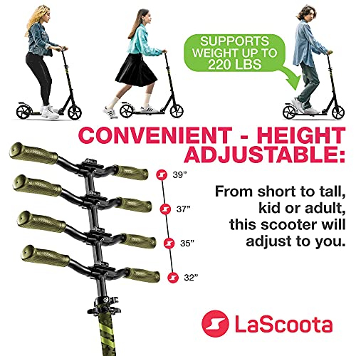 Image of LaScoota Kick Scooter for Kids Ages 6+, Teens & Adults, Large 8 inch Sturdy Urethane Wheels. Adjustable Handlebar, Lightweight, Foldable, 220lbs Max Load