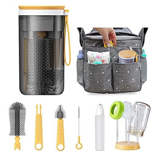 Koelin Travel Bottle Cleaner kit,Baby Essentials, with Bottle Brush Nipple Brush Straw Cleaner Brush Soap Dispenser Bottle Drying Rack Storage Box,Baby Travel Essential