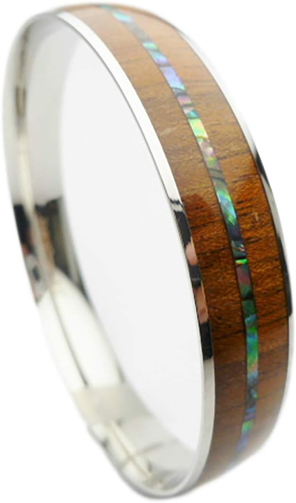 316L Stainless Steel Comfort Fit Natural Koa Wood with Abalone Paua Shell Stripe Inlay Hawaiian Curved Top Bangle Bracelet (Width: 6mm, 8mm, 10mm, 12mm) (Size: 7.5", 8", 8.5")