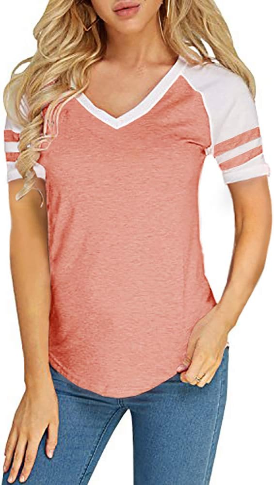 Foshow Womens Baseball Raglan Color Block T-Shirts Summer Short Long Sleeve V Neck Tees Jersey Casual Blouses Tops